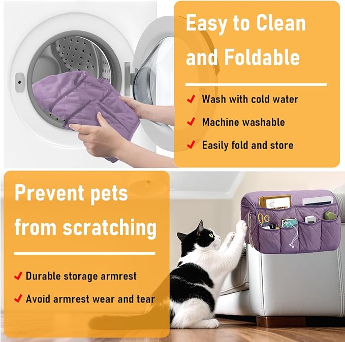 Armchair Caddy, Remote Control Holder for Recliners, Sofa Armrest Organizer, Non Slip Recliner Organizer, Couch Caddy with 14 Pockets Storage for TV Remote, Phone, Magazine (Purple)