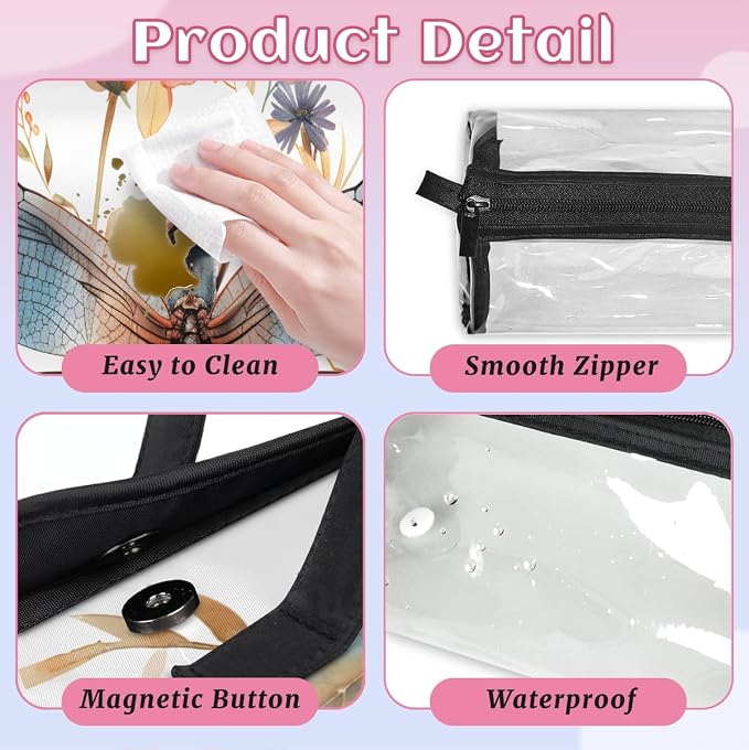 Flower Dragonfly Makeup Bag for Women Hanging Roll-Up Travel Organizer Toiletry Kit with 4 Removable Compartments, Floral Dragonflies