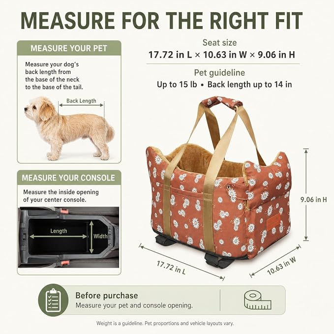 Dog Car Seat for Small Dogs 5-15 lbs,Cofe Color | Pet Travel Booster Seat with Safety Leash, Detachable Seat Belt,Storage Pockets