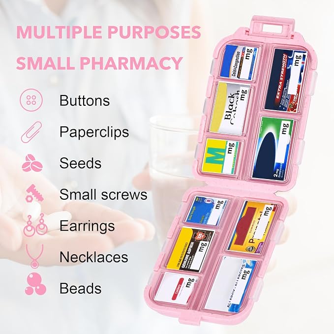 Compact Travel Pill Organizer with 189 Medicine Labels, 10 Compartments Portable Small Pill Case Daily Medicine Storage Container for Purse, Car, Airplane and Vacation Travel 3 Pack
