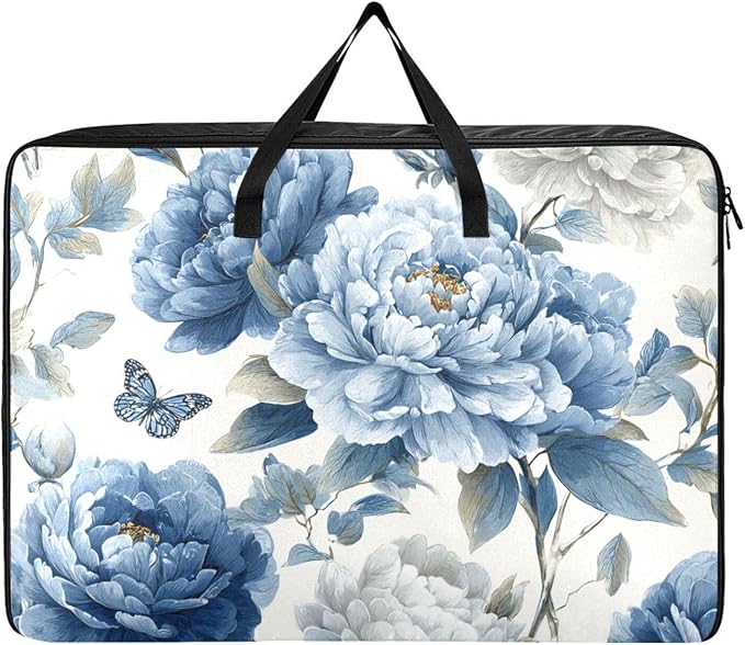 Comforter Storage Bags Large Folding Blanket Organizer Bag with Strong Handles Clear Window Closet Storage Containers for Clothes King Queen Pillows Bedding Quilt Duvet Butterfly Peony Flower B