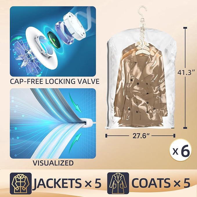 Hanging Vacuum Storage Bags, 6 Large Vacuum Pack Bags for Clothes Reusable Space Saver Bags Vacuum Compression Storage Bags for Winter Coats Wardrobe Coats, Suits & Dresses Garment 5-Ring Hangers | Vacuum Bag Clothing Vacuum Bag for Suits, Coats, Jacke...