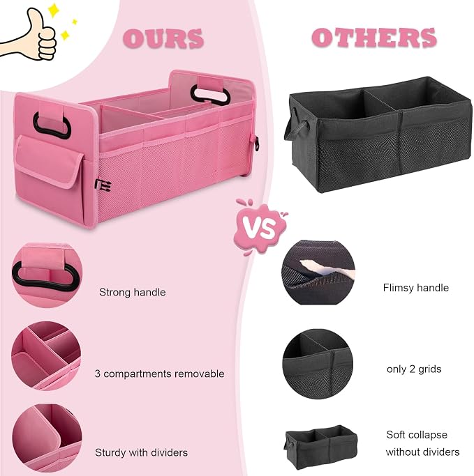 Car Trunk Organizer, Collapsible Car Organizers and Storage Large Pink | Sturdy, Strong Capacity, Clean Decor, Multi Compartment Container Box, Adjustable Car Accessories for SUV Sedan Truck