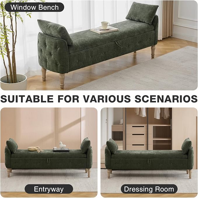 67"End of Bed Storage Bench King Size,Upholstered Bedroom Bench,Green | Linen Storage Bench for Bedroom End of Bed ,2 Cushion, Vintage Wood Legs ,Tufted,Storage Ottoman Bench for Entryway Window