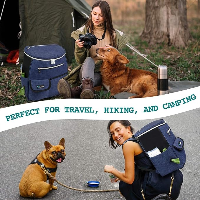 PetAmi Dog Travel Backpack 27L Airline Approved Pet Supplies Bag, Navy Blue | Cat Traveling Suitcase Organizer for Weekend Road Trip Camping; 2 Food Containers, 2 Collapsible Bowls & Poop Bag Dispenser
