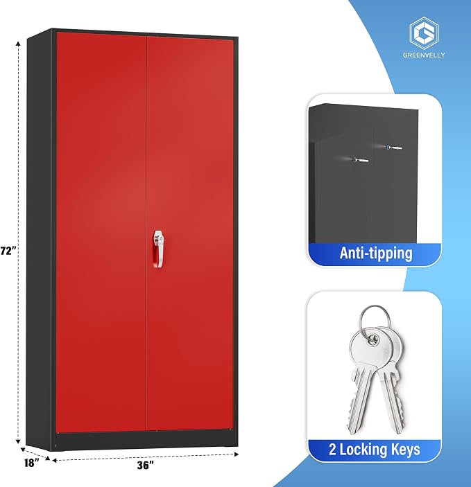 Greenvelly Metal Storage Cabinet with Doors and Shelves, 72" Inch Locking Metal Cabinet,Garage Storage Cabinet for Garage Office School Warehouse (Black Red)