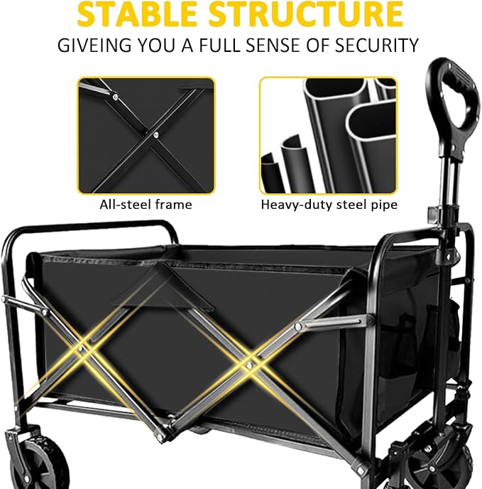 Foldable Wagon Cart, Collapsible Wagon Cart with Heavy Duty Wheels, 220Ibs Portable Folding Utility Wagon for Groceries, Beach, Camping, Outdoor Activities, Black
