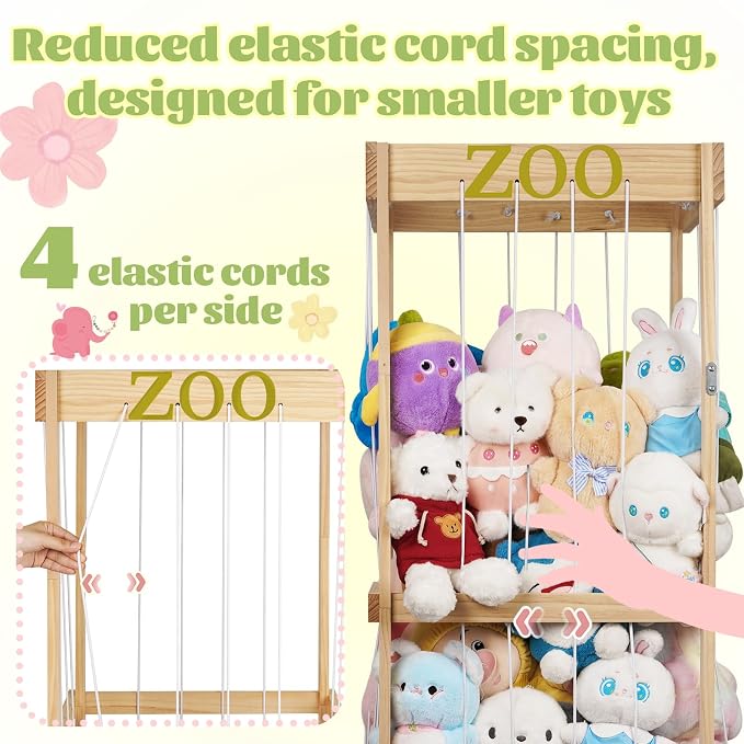 Trycooling Wood Stuffed Animal Zoo Stuffed Animal Storage, Wood | Plushie Storage, Stuffed Animals Zoo Storage Cage with Zoo Pattern Elastic Band for Nursery Play Room Bedroom