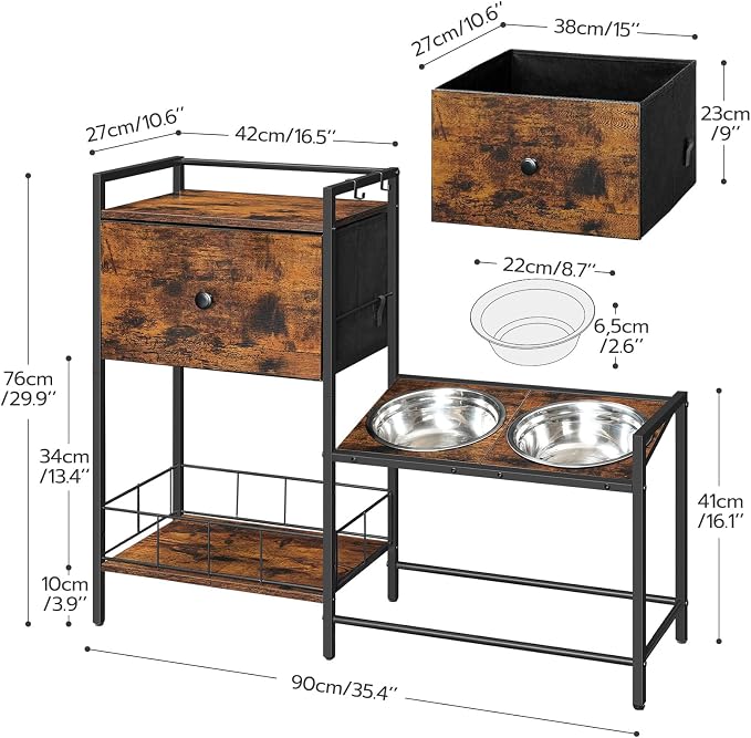 HOOBRO Elevated Dog Bowls Stand with Drawer, Height Adjustable Raised Feeding Station Cabinet with Storage Basket, 4-IN-1 Pet Storage Organizer for Large Medium Breeds, Rustic Brown and Black BF22PO03