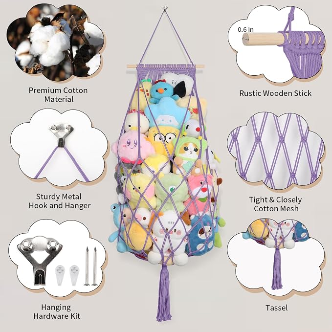 Stuffed Animal Storage Hammock Corner,70'' Macrame Toy Net,Purple | Wall Ceiling Over Door Hanging Stuffed Animals Hammock, Boho Macrame Stuffy Storage Holder, Nursery Playroom Kid Room Decor