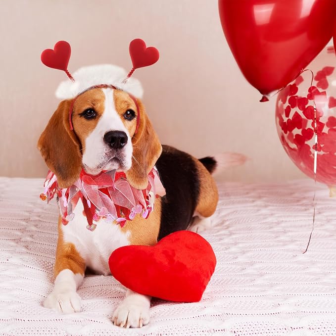 Dog Outfit, Red Glitter Heart Dog Headband and Tutu Collar Costume Set, Valentine’s Party Accessories for Small Medium Large Dogs Style A