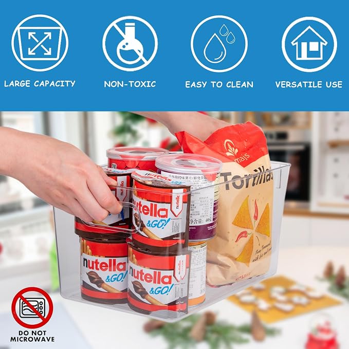 Set of 8 Pantry Organizers and Storage, Clear Plastic Bins(4L+4S) | BPA-free PETG storage containers with handles, ideal for kitchen, fridge, bathroom, cabinet, office, and dorm organization