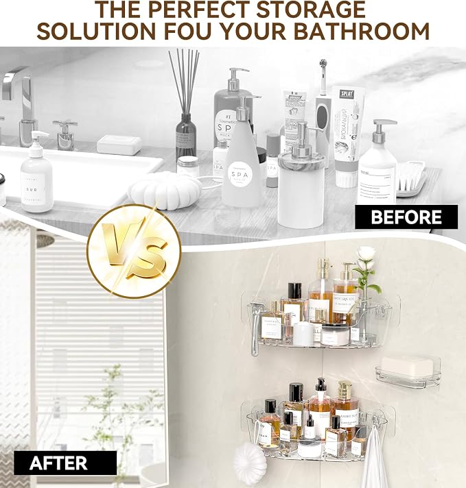 Corner Shower Caddy 3 Pack Clear Acrylic Bathroom Organizer Caddy | Large Capacity, Corner Shower Shelves with Soap Holder and Hooks, Waterproof and Rustproof, Multiple Drainage Holes