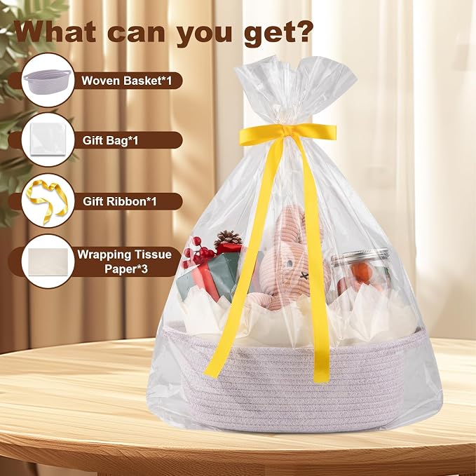 OIAHOMY Gift Basket with Handle, Small Woven Basket with Gift Bag, Ribbon and Wrap Tissue Paper, Nursery Bins Empty to Fill with Small Items, Baby, Pet Toy Organizer - Purple