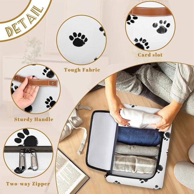 Dogs Footprints Storage Bins With Zipper Lid, Collapsible Trunk Organizer, Car Organizers and Storage Bins with Lids, Decorative Storage Boxes with Handle, Home Storage Baskets for Organizing