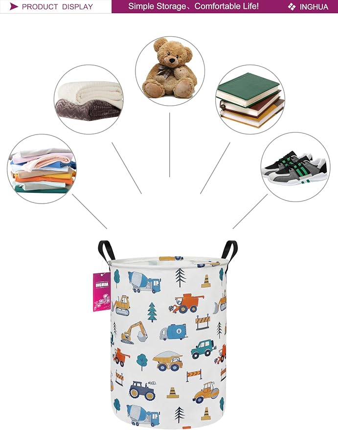 Laundry Hamper Large Canvas Fabric Storage Basket Vehicles | Organizer Bin Dirty Clothes Collapsible Waterproof for College Dorms, Boys and Girls Bedroom,Bathroom
