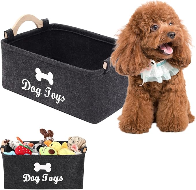 Collapsible Fabric Dog Toy Box, Pet Toy Basket with Wooden Handle, Grey Pet Supplies Storage Bin for Toys, Leashes, Blankets, 15" x 10" x 7''
