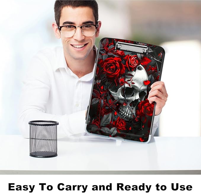 Red Rose Skull A4 Clipboard with Storage Pen Holder, Clipboards Organizer Nursing Clipboard Foldable File Folder Plastic Clipboard Folio Clip Board for Office Students Classroom Doctor