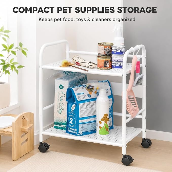 2-Tier Metal Rolling Cart, Compact Under Desk Storage Organizer | 12.2" clearance fits binders and tall bottles, compact mobile shelf with anti-drop guard for home & office. White.