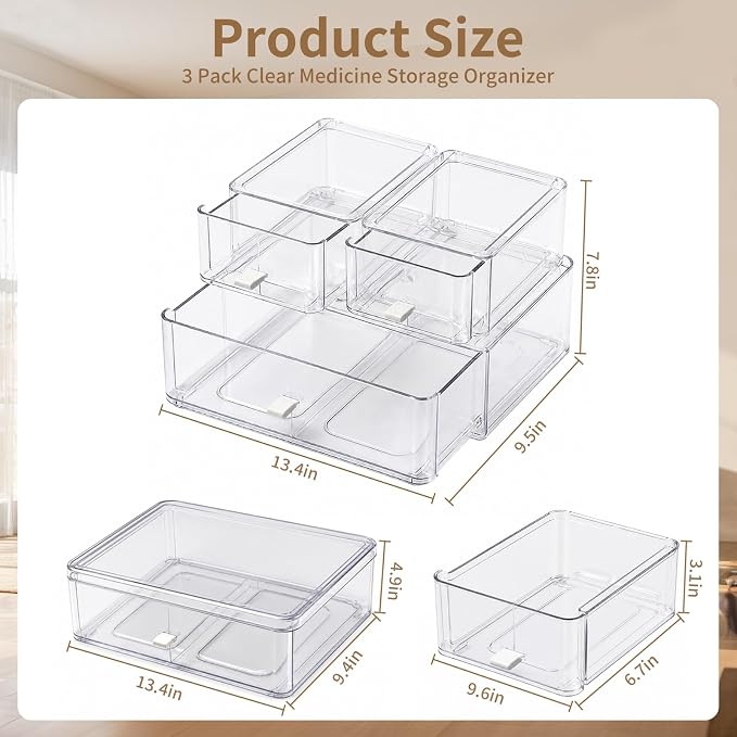 Pull Out Medicine Cabinet Organizer, Clear Acrylic Drawer Storage Organizer with Sliding Trays, Stackable Bathroom Countertop Medication Caddy for Vitamins, Pills, First-Aid Supplies