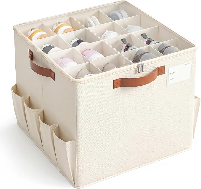 Varhomax Shoe Organizer Box for Closet, Fabric Storage Basket | Foldable Shoe Bin with Adjustable Dividers & Clear Cover, Saving Space Sneakers & Sandals Containers for Entryway, Cubby