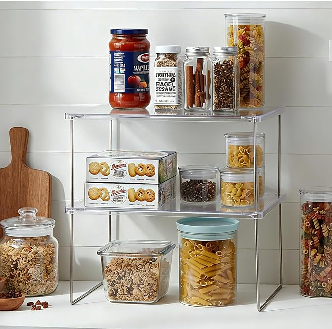Pantry Organizer, Cabinet Storage Shelf Rack, Stackable Kitchen Cabinet, Foldable Countertop Shelf Organizer, 2 Pack