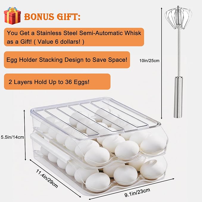 Egg Holder for Fridge, Automatic Rolling Egg Dispenser for Refrigerator with Lid, Stackable 2-Tier Egg Storage Container, Clear Food-Grade Egg Organizer for Fridge Kitchen