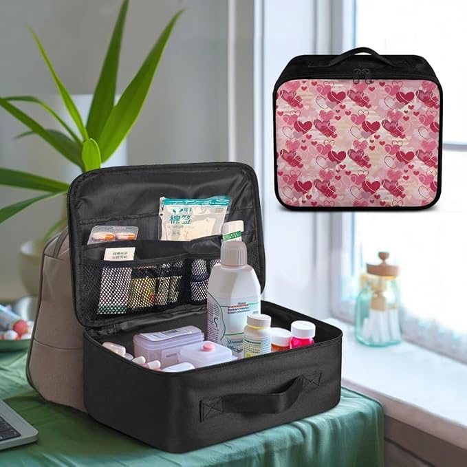 Pink First Aid Bag Empty Love Pattern Medicine Bag Heart-Shaped Medium Sized Empty First Aid Bag College Medical Kit Bag for Dorm College School Tactical Medical Pouch