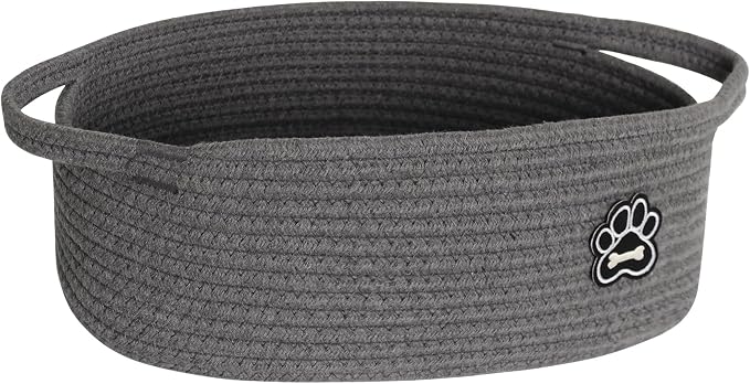 Small Dog Toy Basket, Soft Cotton Rope Dog Cat Toy Bin, Woven Storage Holder for Living Room Nursery, Cats Pet Gift Basket Empty, Decorative Wicker Storage Box with Handle, 13"x 9"x 5" (Grey)