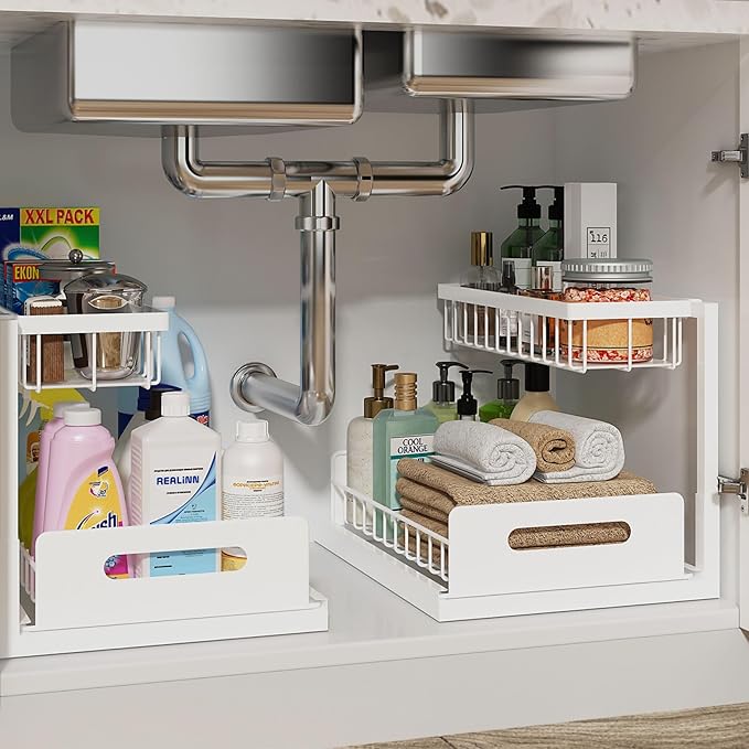 Under Sink Organizer, L-Shaped 2 Tier Pull Out Cabinet Organizer | Slide Out Under Cabinet Storage, For Kitchen and Bathroom, Metal Under Sink Storage with Sliding Drawer, 50 lbs, White 2 Pack