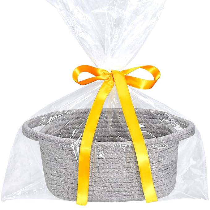 ABenkle Small Storage Basket, Mini Basket, Cute Tiny Cotton Rope Woven Basket, Boho Decorative Toy Dog Cat Basket for Nursery, Spa, Empty Gift Basket with Gift Bags and Ribbon - Grey