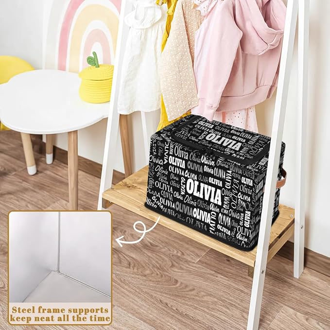 Custom Storage Baskets for Kids with Name, Large Solid Black Foldable Organizer Collapsible Storage Bin with Zipper Lid Leather Handle for Home Toys Closet Nursery