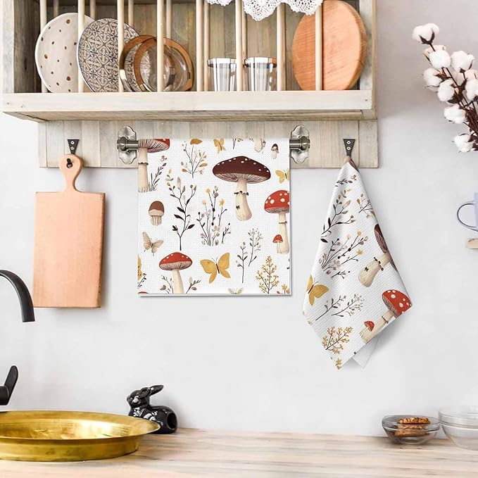 Cartoon Mushrooms Waffle Kitchen Dish Cloths Butterflies Mushroom Cute Botanic Ultra Soft Absorbent Quick Drying Dish Towels 16 X 24 Inches Set of 2