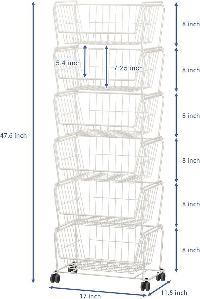 PUSDON 6-Tier Tall Stackable Wire Storage Baskets with Wheels, Vertical Metal Rolling Utility Cart, High Capacity Produce Basket for Kitchen Pantry, Snack Organizer, Classic White