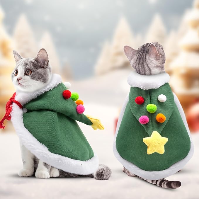 Cat Christmas Cape with Velvet Stars Hat, Small Dog Soft Thick Xmas Cloak, Pets Christmas Costume Dogs Cats Santa Claus Outfits for Goose, L