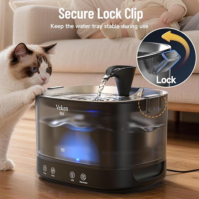 Veken Cordless Cat Water Fountain with Stainless Steel Tray & Secure Clips, 5200 mAh Battery Operated Pet Drinking Dispenser with LED Light, 85oz/2.5L Wireless Fountain for Cats, Dogs and Small Pets