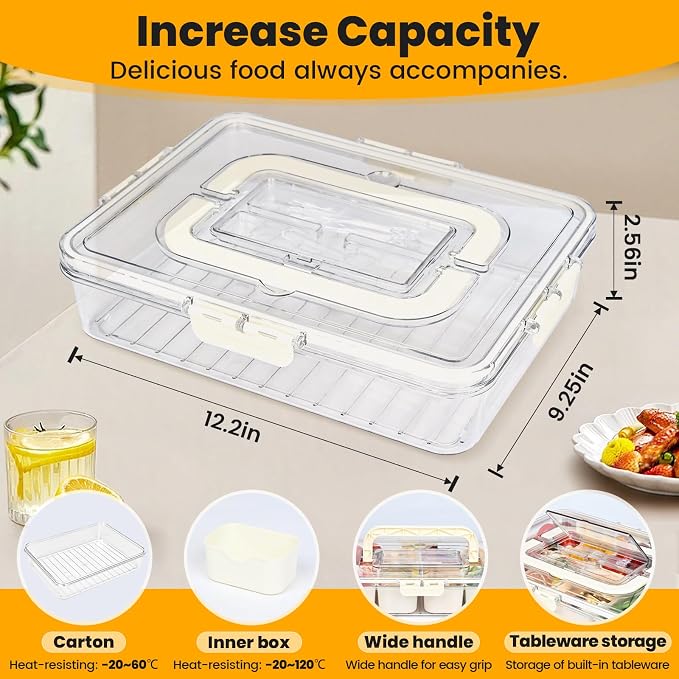 Linn'sCollection (2Pcs) Divided Serving Tray with Lid, Snackle Box Container with Cutlery Storage, 8 Fruit Forks, 2 Spoons, Fruit Tray, Portable Snack Organizer, 8 Compartments Snack Tray With Lid