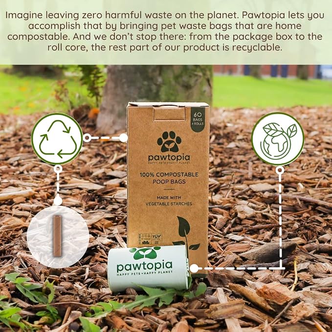 Pawtria Home Compostable Dog Poop Bag Rolls, 240 Bags, 16 Rolls | Leak-Proof Dog Poop Bags Made with Vegetable Starches, TÜV Austria Home Compost Certified, Easy Open Rolls