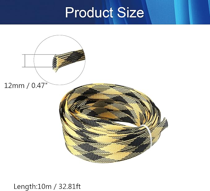 Jutagoss PET Expandable Braided Cable Sleeve, 32.8ft - 1/2 inch Black Yellow Cable Management Sleeve, Wire Loom Tube Cord Protector for USB Cable, Power Cord, Audio Video and More, 1Pc