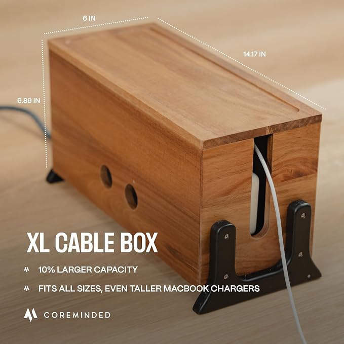 COREMINDED Extra Large Cable Management Box, Wood Cord Hider Box & Organizer for Power Strip, TV Wires & Desk Cable Storage