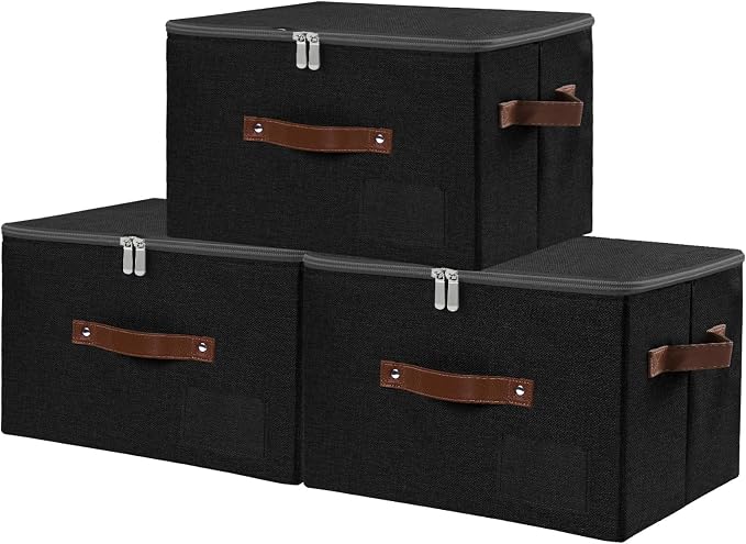 ANMINY Storage Box Fabric Bins with Zipper Lid, 15"x10"x10" Black 3PCS | Keepsake Box, Decorative, Cotton Linen, Reinforced PP Board Frame, Washable, Stackable & Foldable, Label Holder & PU Handles