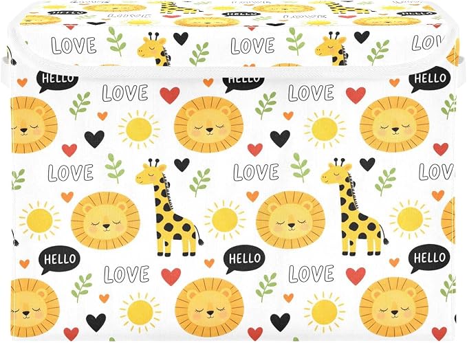 Storage Bins with Lid Giraffe Lion Foldable Storage Boxes 40L Baskets | Decorative Storage Boxes, 300D Oxford Cloth, Hollow Board Frame, Flip Top Velcro Lid, 16.5x12.6x11.8 inch, Collapsible Design