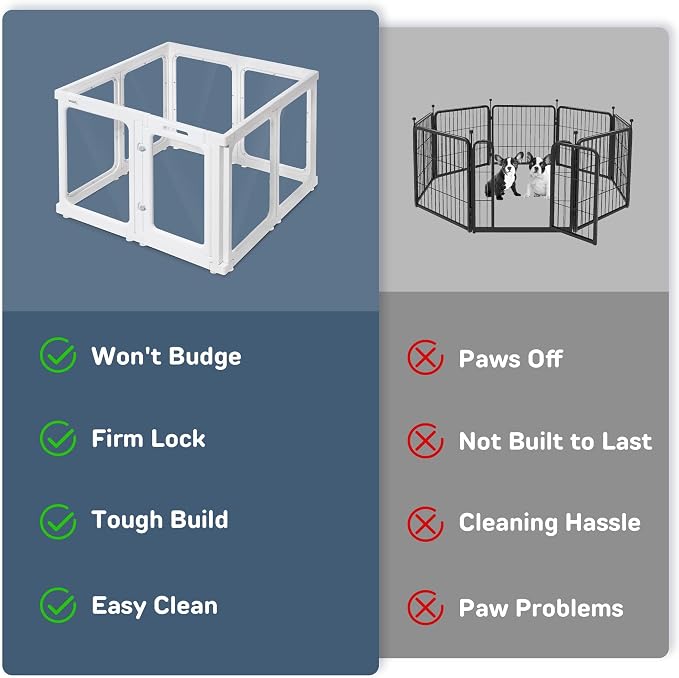 Jalove 24" Acrylic Clear Dog Playpen Indoor, Relieves Pet Anxiety | Ideal for Small Dogs,Plastic Pet Play Pen with Door, Playpen for Rabbit, Easy to Install, White 8 PCS