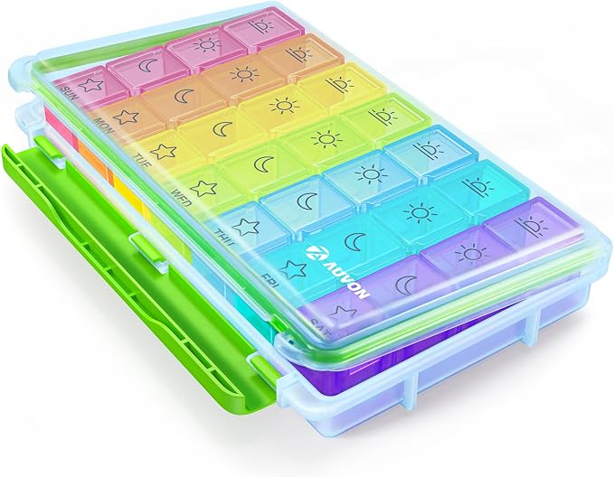 AUVON Large Moisture-Proof Weekly Pill Organizer 4 Times a Day, BPA-Free | 7 Day Pill Box Case with Portable Design for Travel, Removable Individual Containers Hold Vitamins, Supplements, Medications