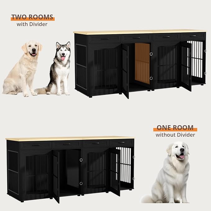 VOWNER 87" Dog Crate Furniture for 2 Dogs, Double Dog Cage Furniture, Black | Extra Large Wooden Dog Kennel with 4 Drawer, Removable Divider, Furniture-Style TV Stand, XXL Dog Crate for Large Medium Dogs