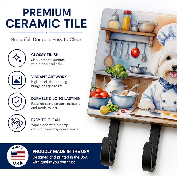 Caroline's Treasures Coton de Tulear The Chef Leash or Key Holder Wall Hooks, Key Hooks Holder, Coat Rack Wall Mount, Coat Hooks, Hooks for Hanging Keys, Towels, Aprons, Leashes | Coton de Tulear The Chef artwork on ceramic tile with three steel hooks ...