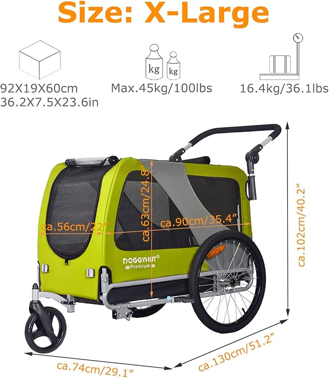 DOGGYHUT® Premium XL Pet Bike Trailer & Stroller Up to 100 lbs (Lime Green) | Bicycle Trailer for Small Medium or Large Dogs, Dog Bicycle Carrier, Low Center of Gravity, Folding Frame Cart