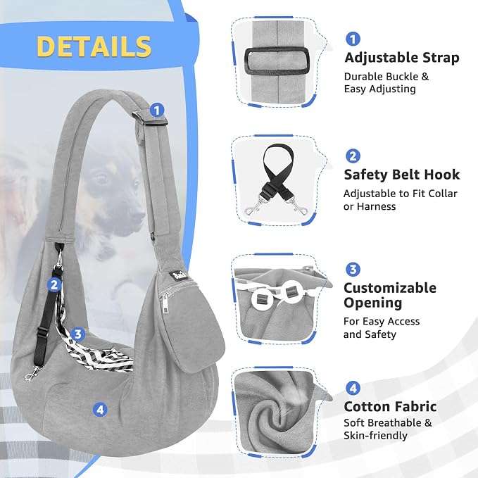 Lukovee Pet Sling, Puppy Small Pet Cat Carrier with Safety Hook | Hands-Free,Padded Strap, Breathable, Adjustable, Storage Pocket, Tote Bag Shoulder Bag with Front Pocket (Grey-WY,L)