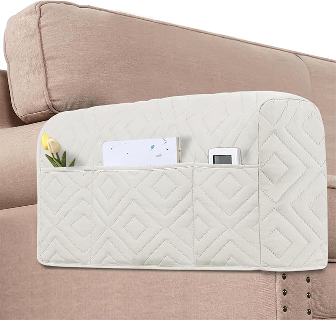 2Pcs Armrest Chair Covers for Sofa Waterproof Couch Arm Covers Armchair Covers for Arms Sofa Arm Covers Sofa Armrest Organizer for Magazine,Tablet,Phone (Ivory)