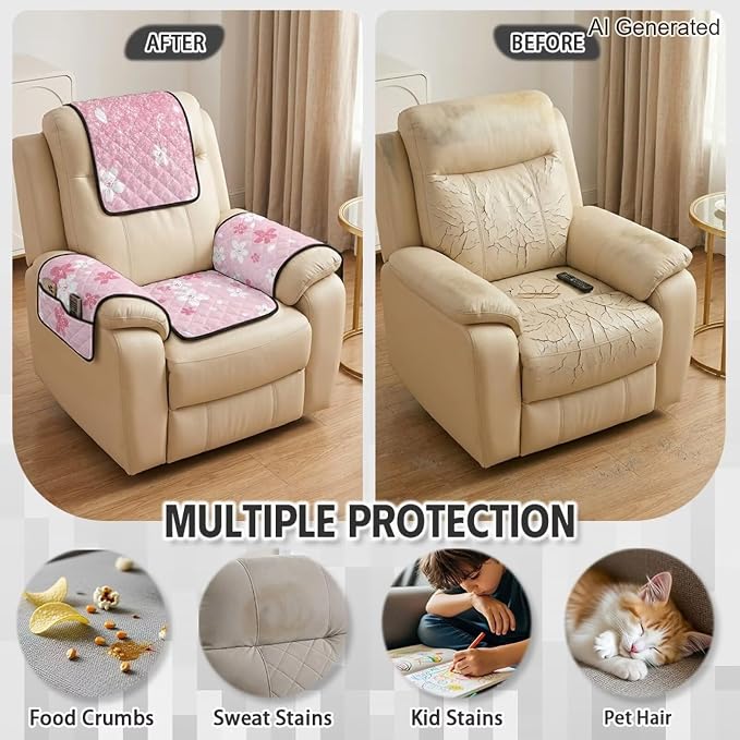 Cherry Blossom Recliner Chair Covers Pink 4 Piece Quilted | Recliner Chair Slipcovers with Arms Non Slip Armchair Cover with Pockets,Stain Resistant Furniture Protector for Living Room